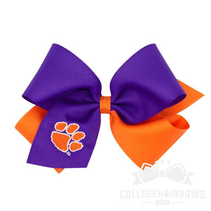 Clemson King Two-tone Grosgrain Hair Bow with Embroidered Logo