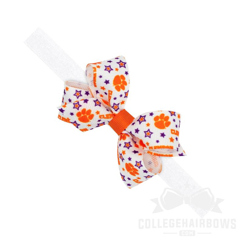 Clemson Mini Signature Logo Print Grosgrain Hair Bow on Elastic Baby Band