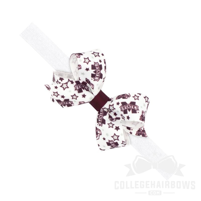 Mississippi State Mini Signature Logo Print Grosgrain Hair Bow on Elastic Baby Band