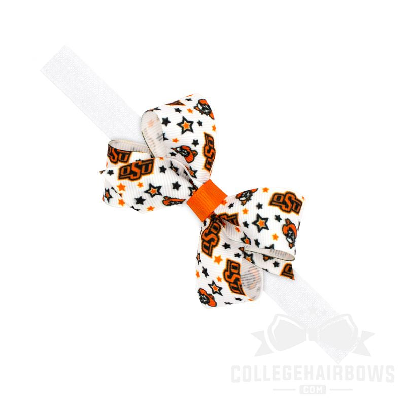 Oklahoma State Mini Signature Logo Print Grosgrain Hair Bow on Elastic Baby Band