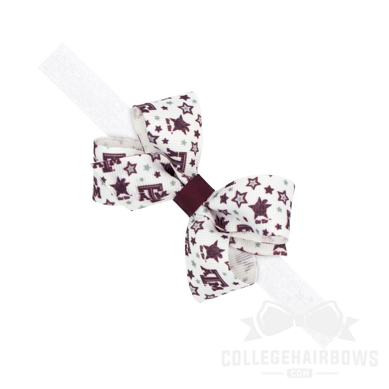 Texas A&M Mini Signature Logo Print Grosgrain Hair Bow on Elastic Baby Band