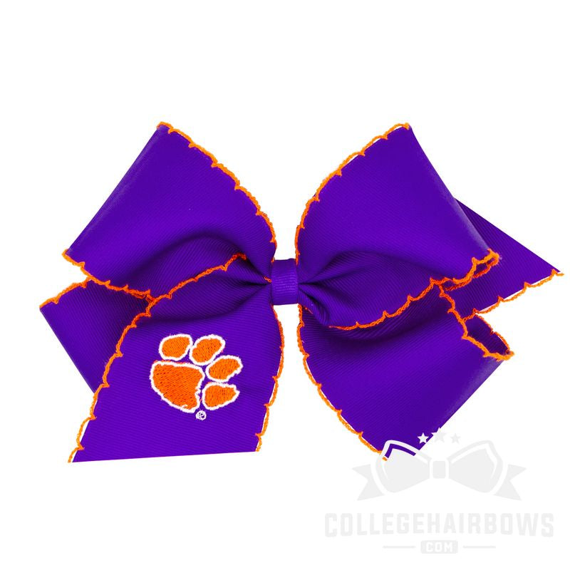 Clemson King Grosgrain Hair Bow with Moonstitch Edge and Embroidered Logo